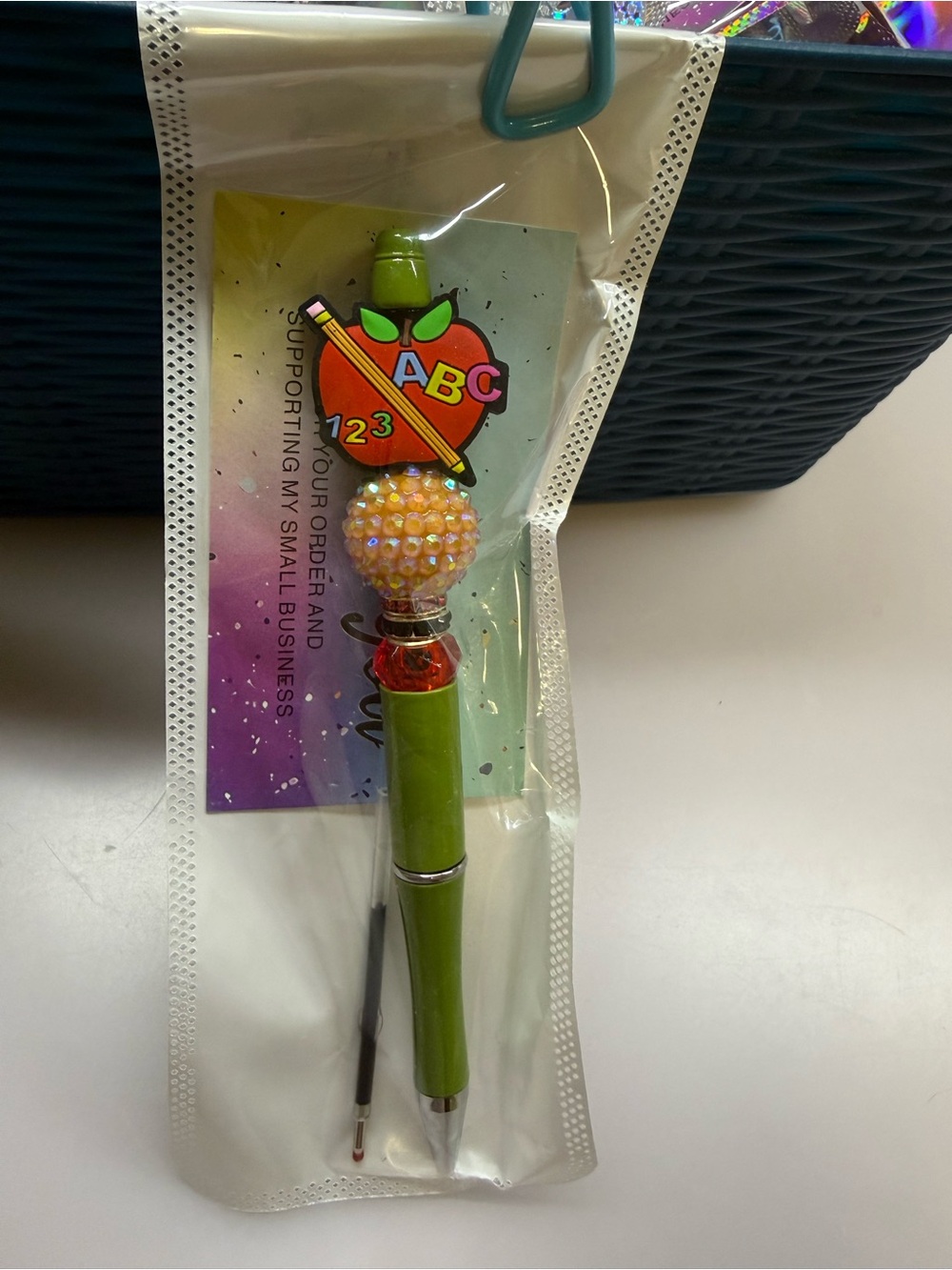 Green Teacher ABC Decorative Pen with Rhinestone Accent
